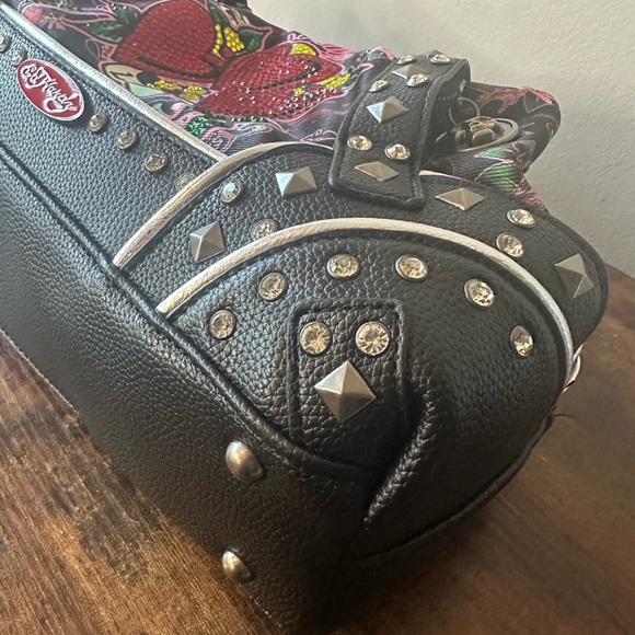 Ed Hardy Black Studded Shoulder Bag Canvas w/ Vegan Leather Rhinestone Heart NWT - Picture 4 of 12